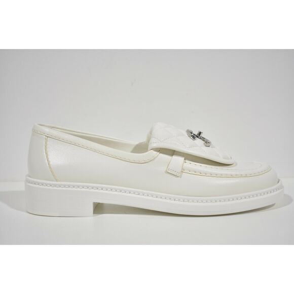 Chanel 22P White Quilted Flap Turnlock CC Logo Mule Slip On Flat Loafer 37 - Picture 2 of 12